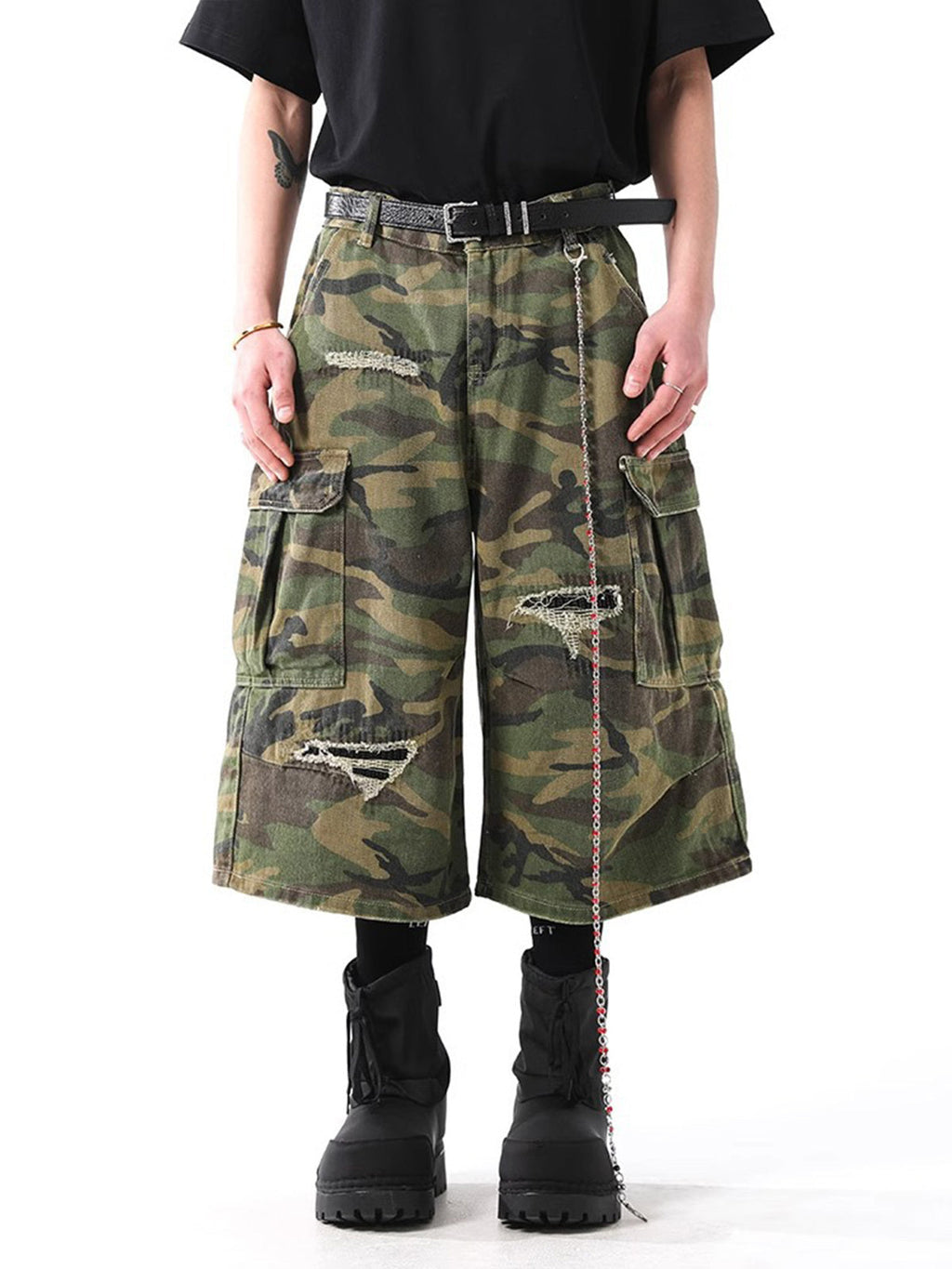 PrimeMasc Camouflage Cargo Shorts with Distressed Details – Multi-Pocket Urban Streetwear for Spring and Summer