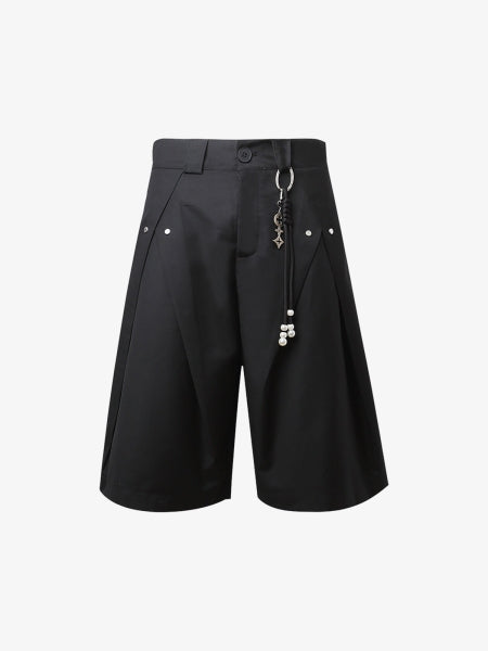 Men’s Black Wide-Leg Shorts with Tassel Detail, Asymmetric Hem – Casual Streetwear for Spring and Summer