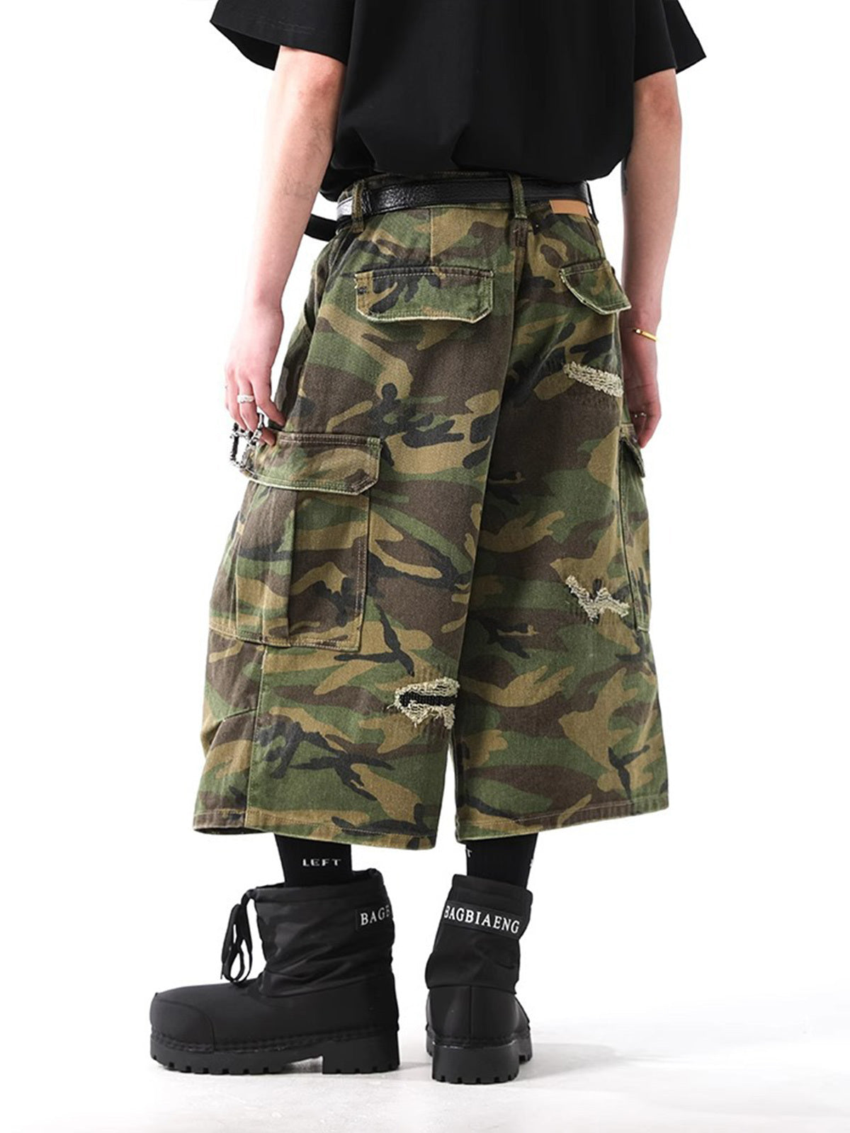 PrimeMasc Camouflage Cargo Shorts with Distressed Details – Multi-Pocket Urban Streetwear for Spring and Summer