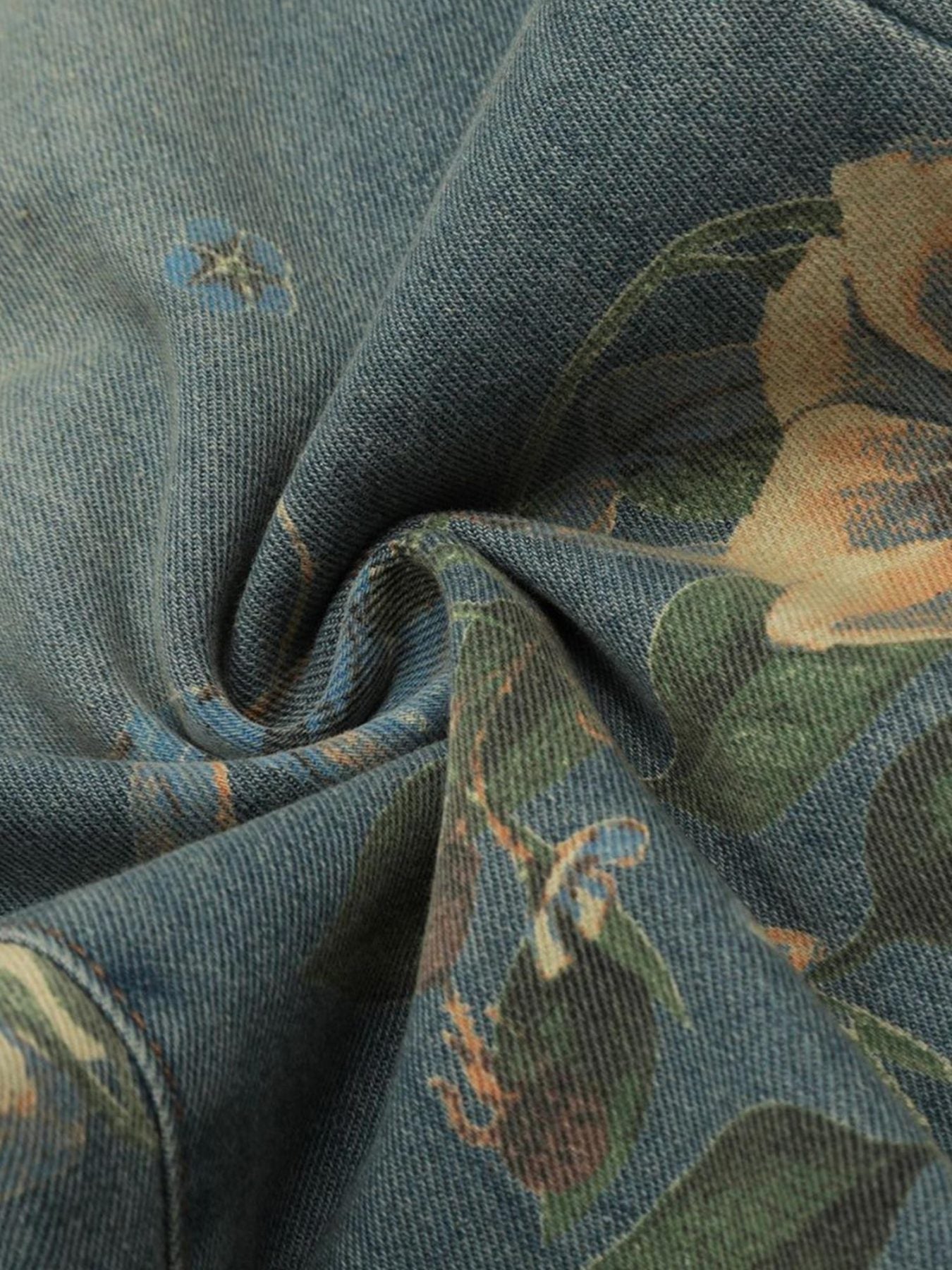 PrimeMasc Vintage Floral Print Wide-Leg Denim Jeans – High-Waist Casual Streetwear for Spring and Summer