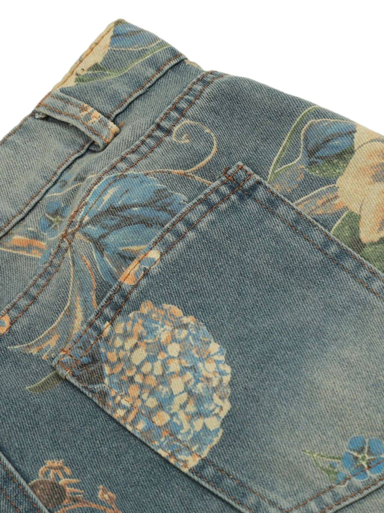 PrimeMasc Vintage Floral Print Wide-Leg Denim Jeans – High-Waist Casual Streetwear for Spring and Summer