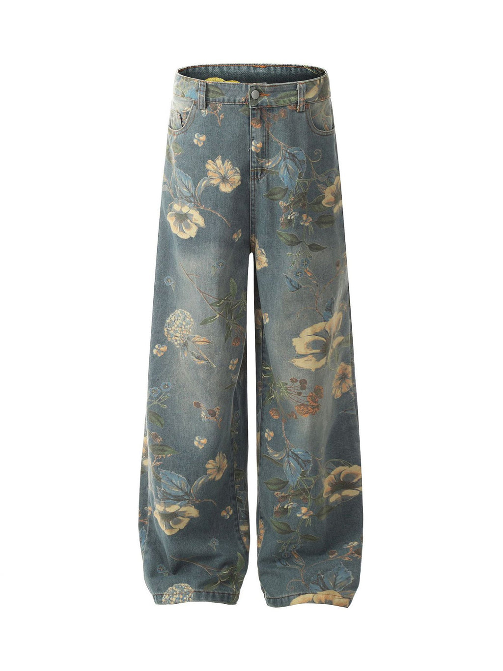 PrimeMasc Vintage Floral Print Wide-Leg Denim Jeans – High-Waist Casual Streetwear for Spring and Summer