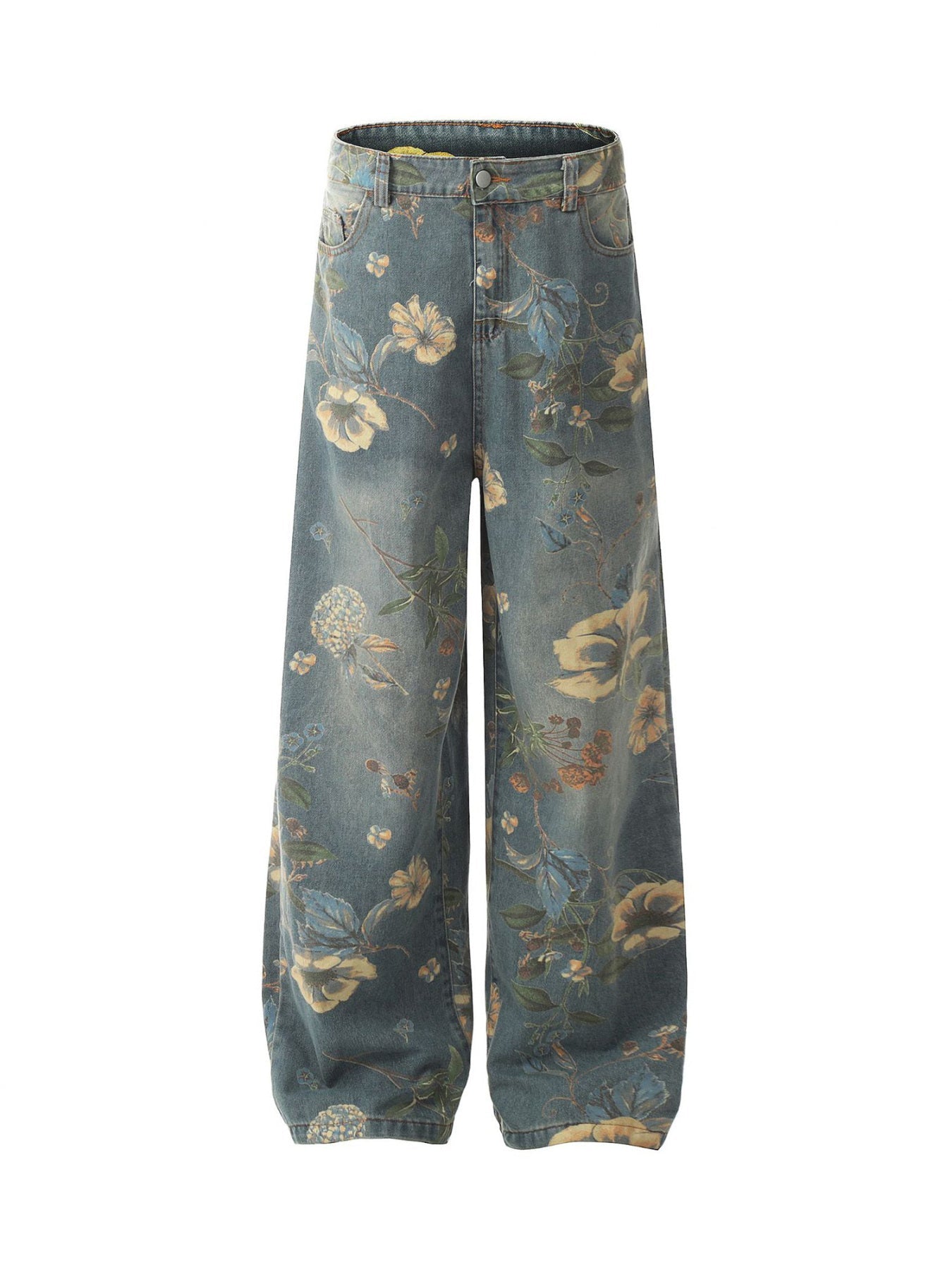PrimeMasc Vintage Floral Print Wide-Leg Denim Jeans – High-Waist Casual Streetwear for Spring and Summer