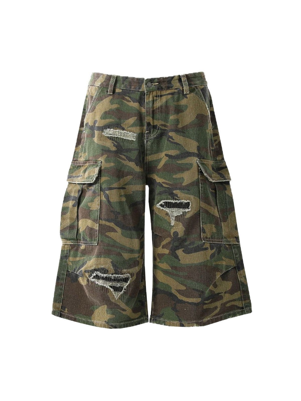 PrimeMasc Camouflage Cargo Shorts with Distressed Details – Multi-Pocket Urban Streetwear for Spring and Summer