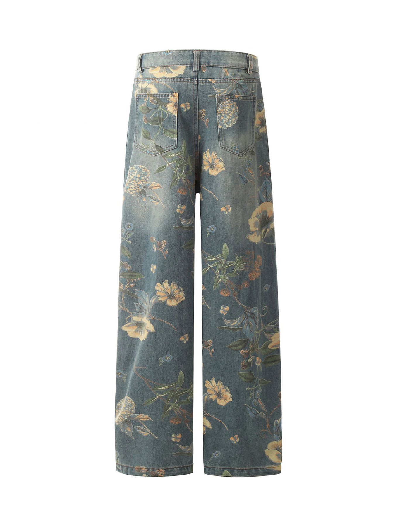 PrimeMasc Vintage Floral Print Wide-Leg Denim Jeans – High-Waist Casual Streetwear for Spring and Summer