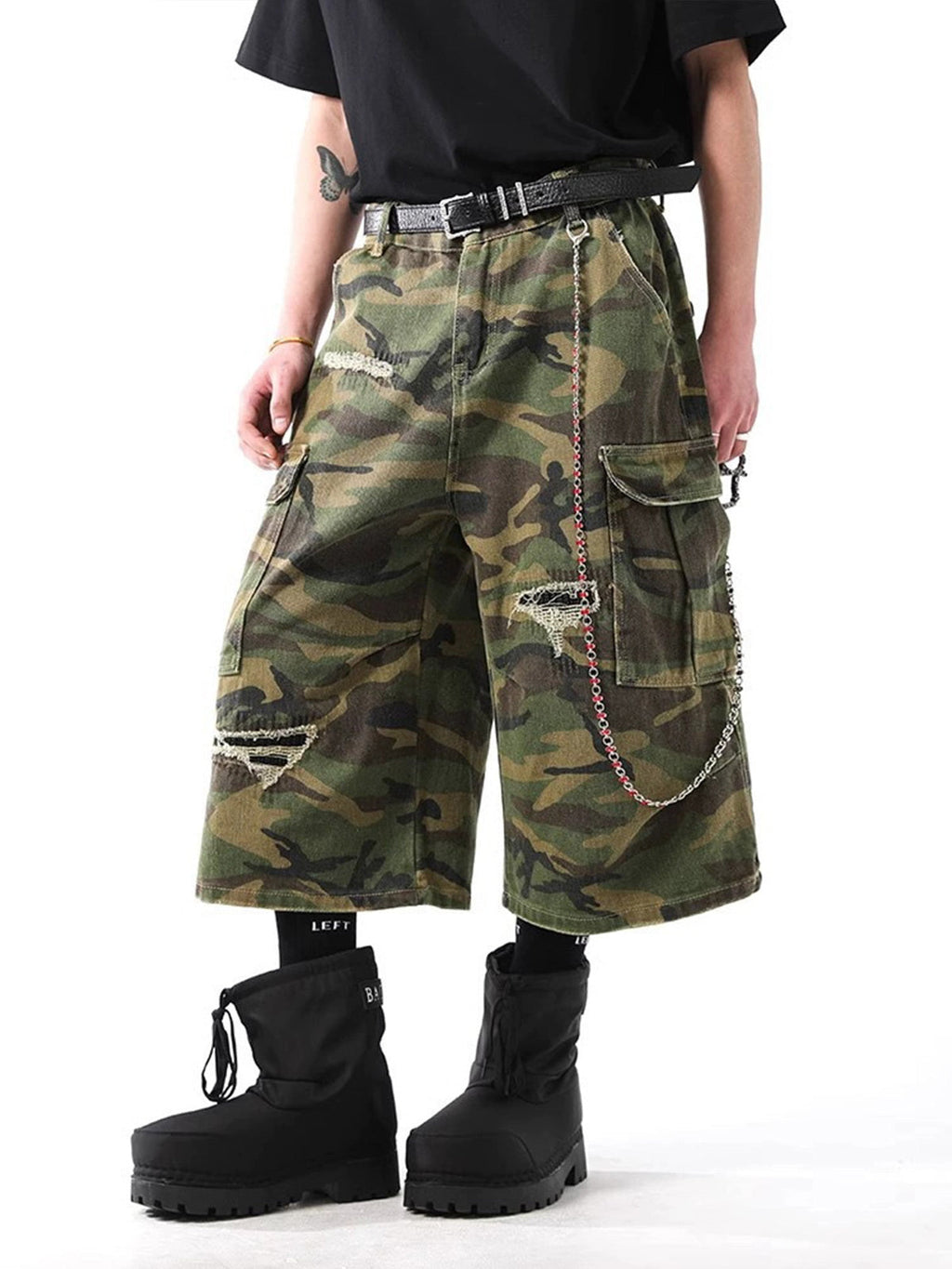 PrimeMasc Camouflage Cargo Shorts with Distressed Details – Multi-Pocket Urban Streetwear for Spring and Summer