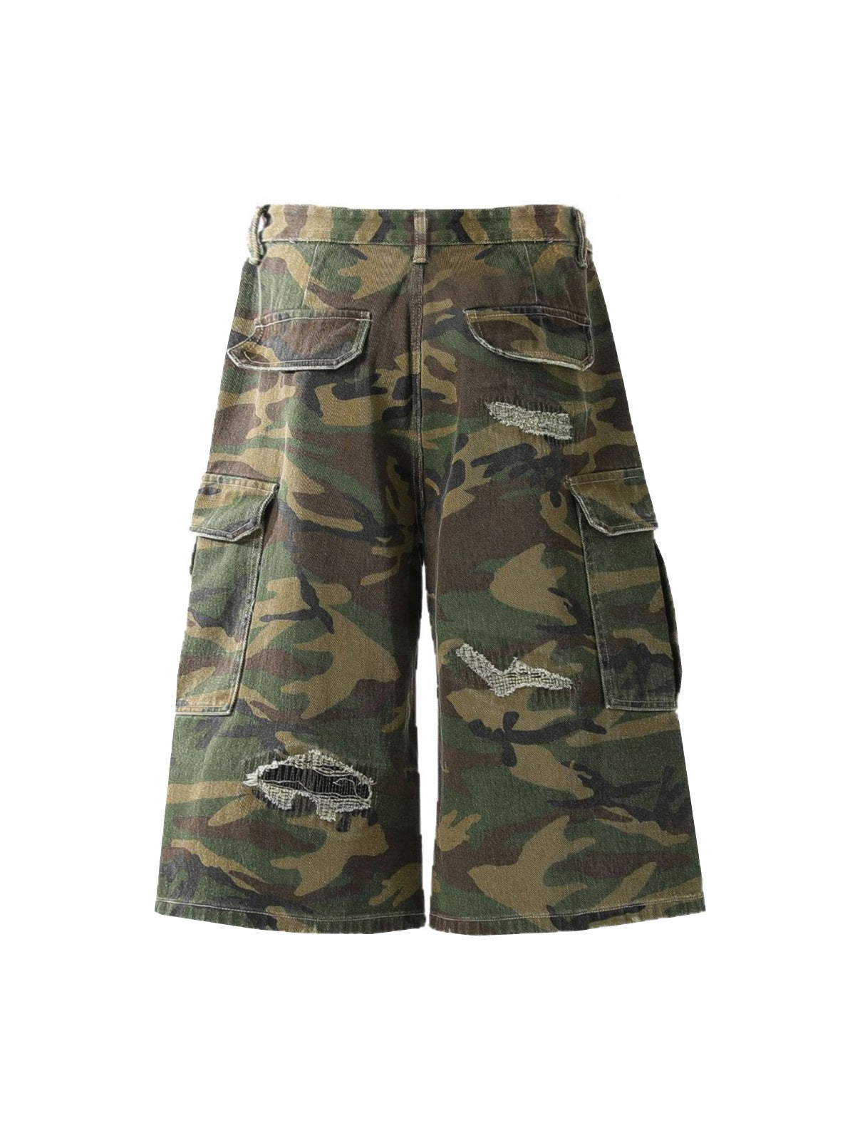 PrimeMasc Camouflage Cargo Shorts with Distressed Details – Multi-Pocket Urban Streetwear for Spring and Summer