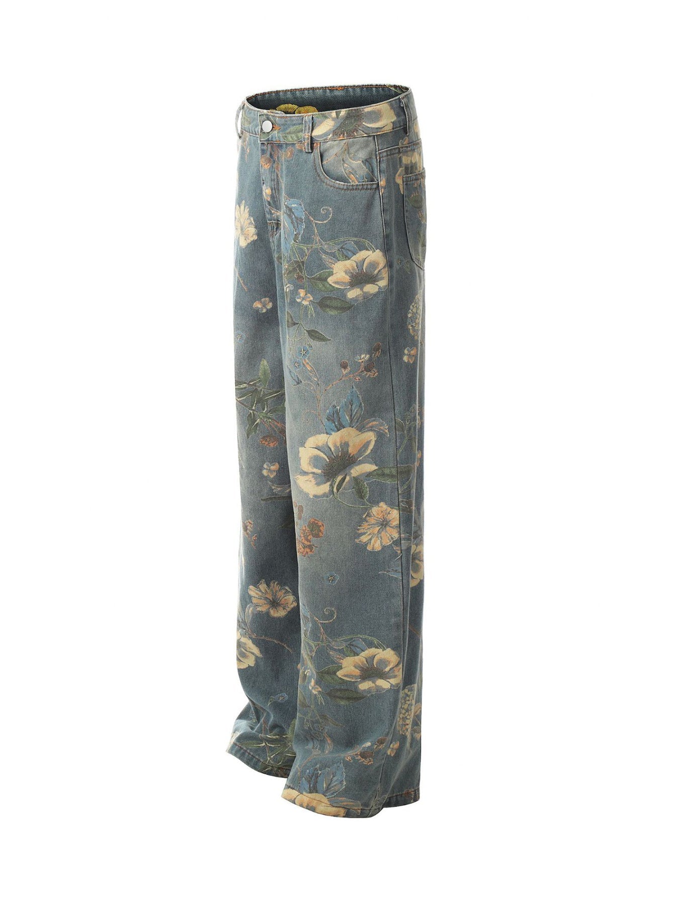 PrimeMasc Vintage Floral Print Wide-Leg Denim Jeans – High-Waist Casual Streetwear for Spring and Summer